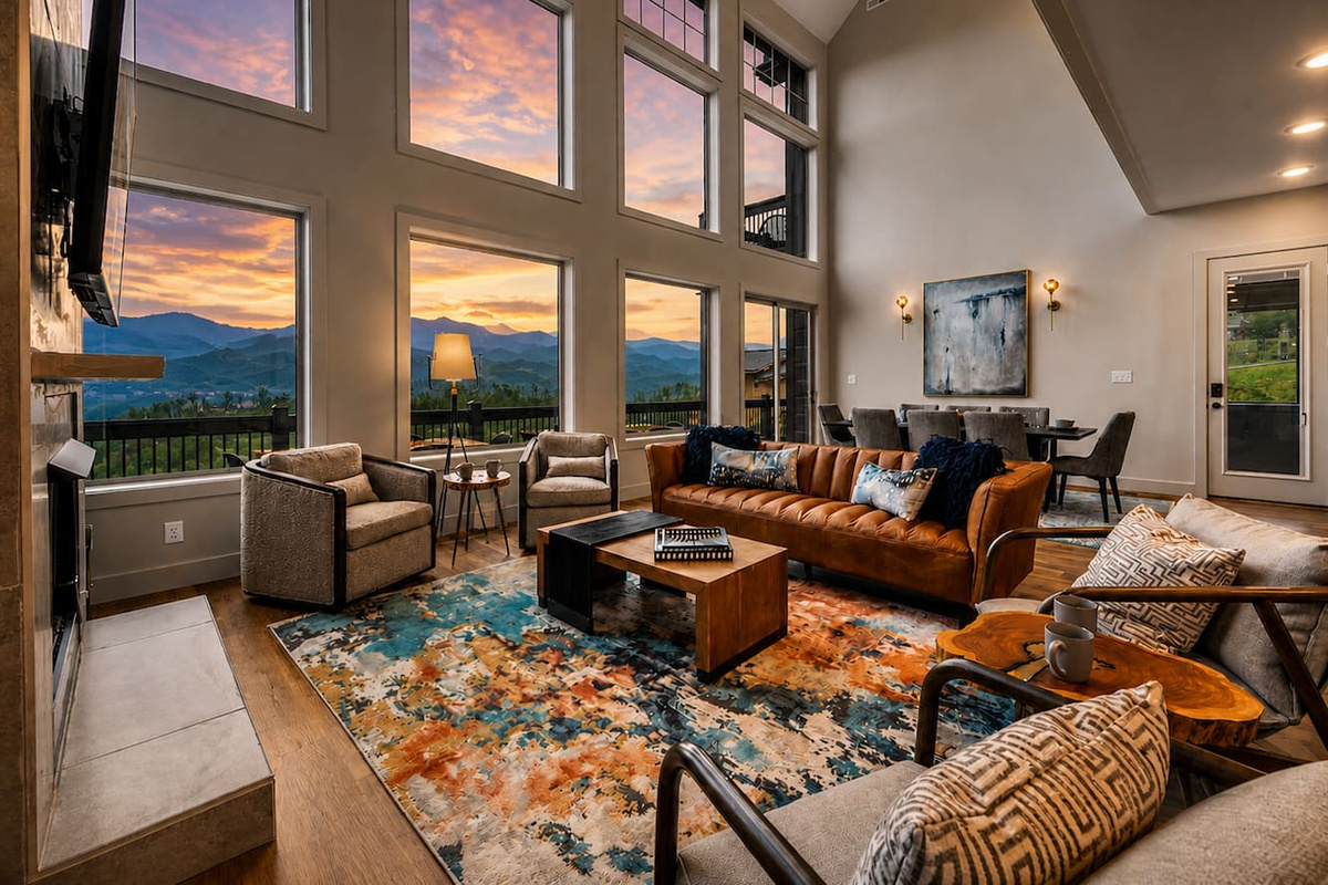 Gatlinburg Airbnb with inviting entry-level living room featuring cozy seating, modern decor, and natural light. Perfect for relaxing after exploring downtown Gatlinburg, Pigeon Forge & Great Smoky Mountains National Park. 