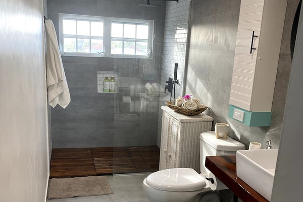 Here we have the bathroom in the Coral Suite. Hard to tell from the picture, but we have a built in Alpha bidet on the toliet(don't knock it till you try it;) Rainshower head an auxillary shower head. We provide robes for after shower relaxing.