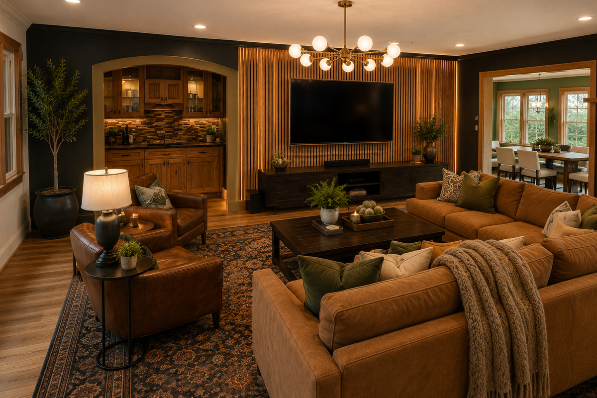 {Great Living Room} Cozy up after a day of waterfalls and hiking, where oversized seating, warm textures, and mountain lodge charm make every evening feel effortless.