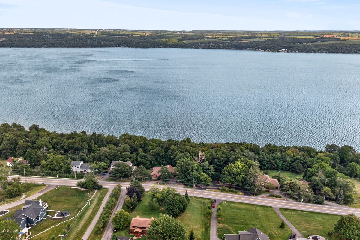 Aerial view across the nearby lake