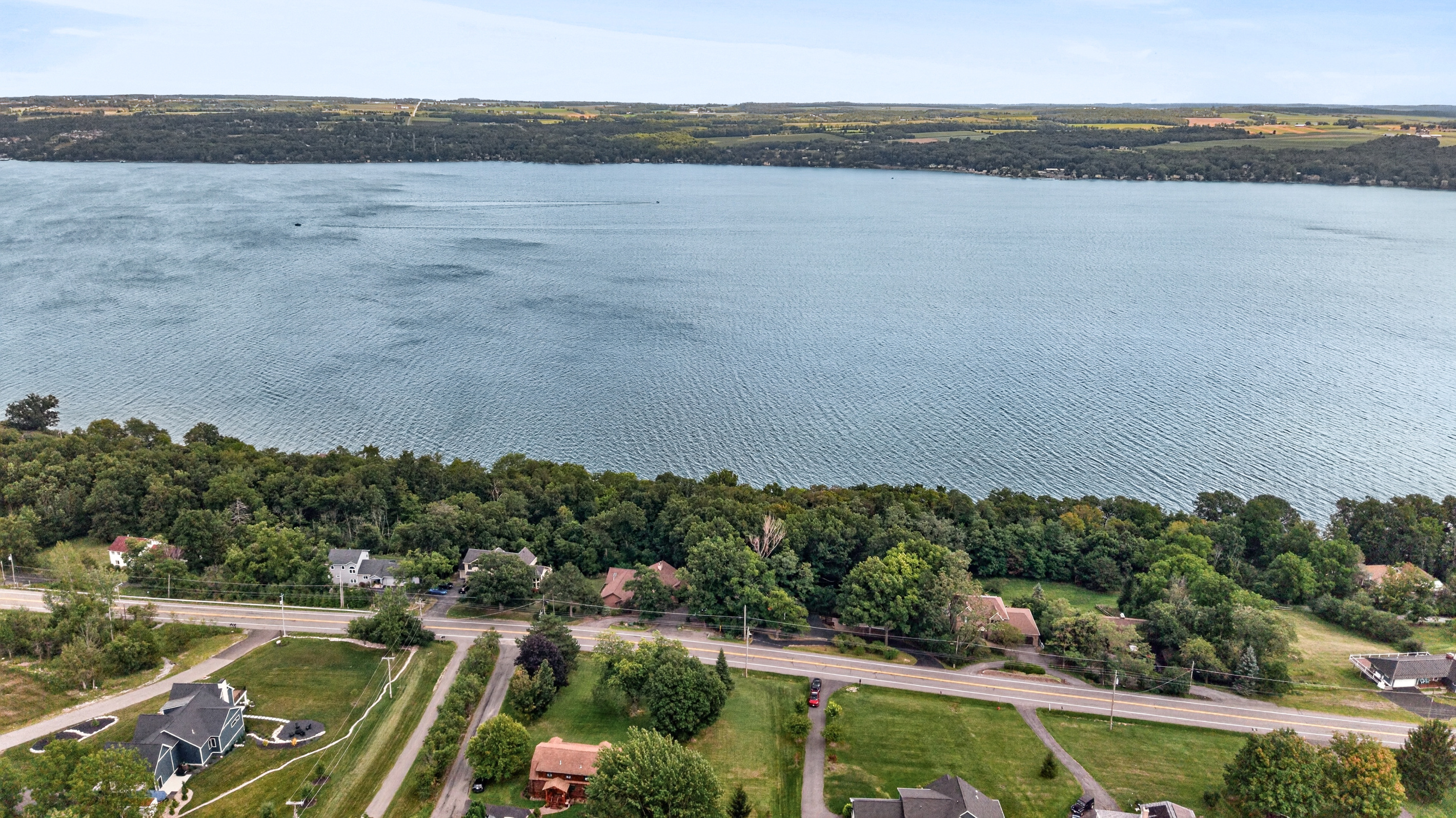 Aerial view across the nearby lake
