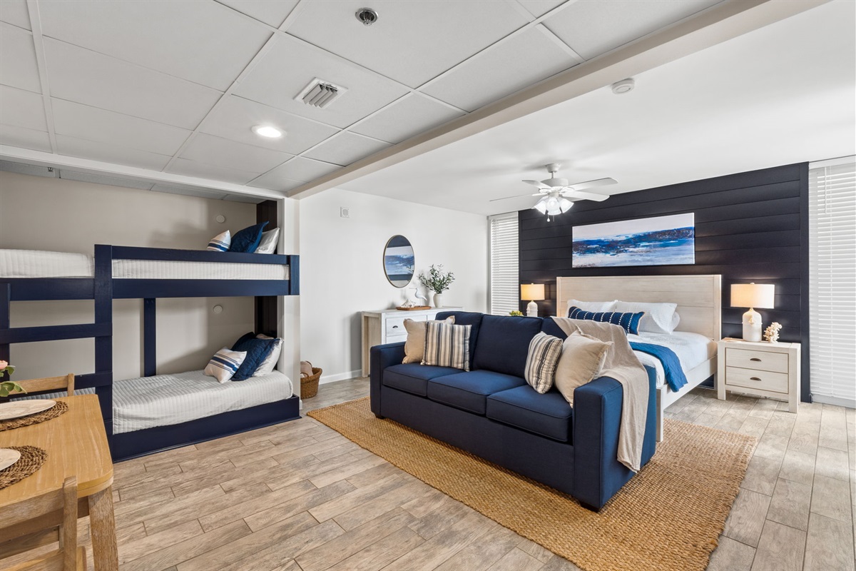 Updated studio with King Bed, “Crews quarters”, and pull out sofa for all sleeping needs.