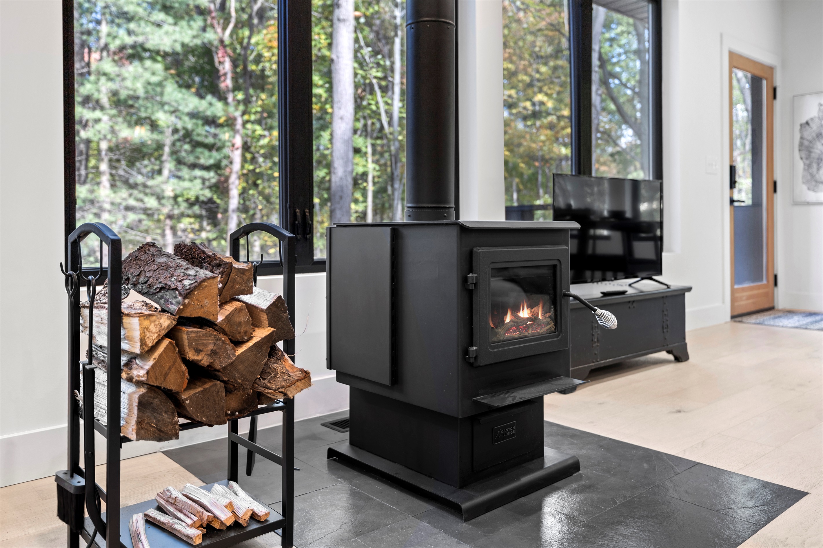 Snuggle up with your favorite book and enjoy the wood-burning stove