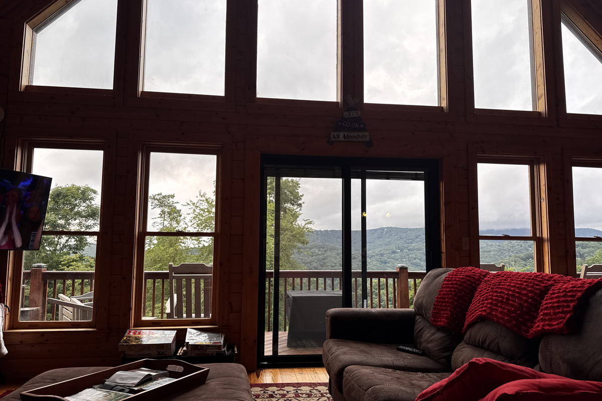 Relax in the living room with mountain views visible through the cabin's expansive windows.
