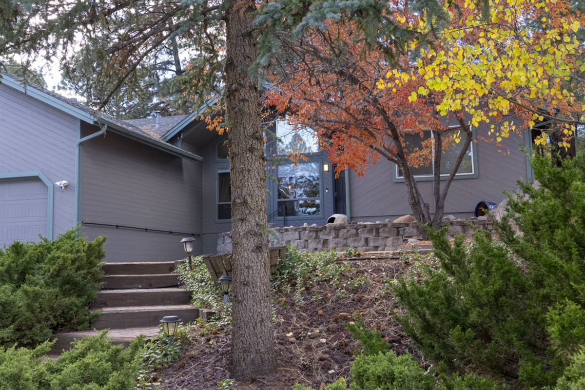 Home entrance with paved courtyard, mature trees, and natural stone details.