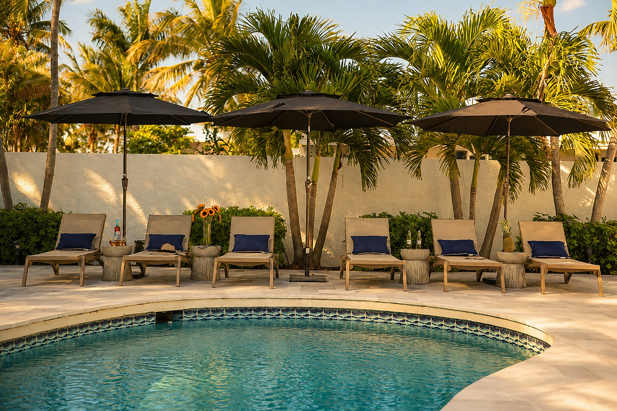 The private pool feels tucked into a tropical setting, with sleek loungers, shaded umbrellas, and palms framing the space.