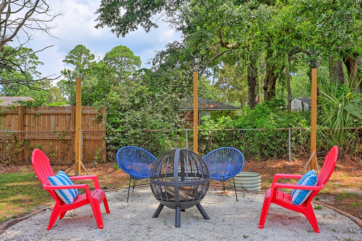 Fire pit for s’mores, stories, and starry nights.