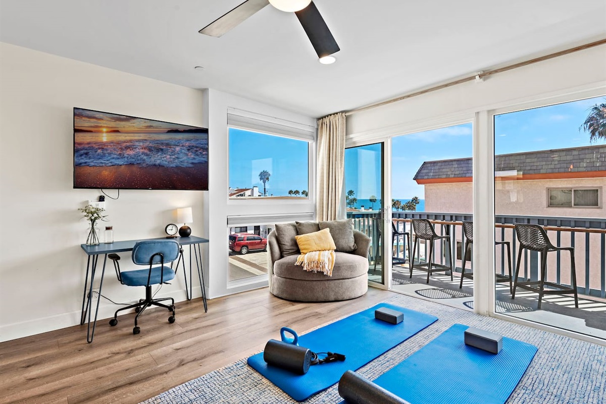 We provide workout gear and the equinox and peloton apps on the TV that have yoga, HIIT and other workout programs