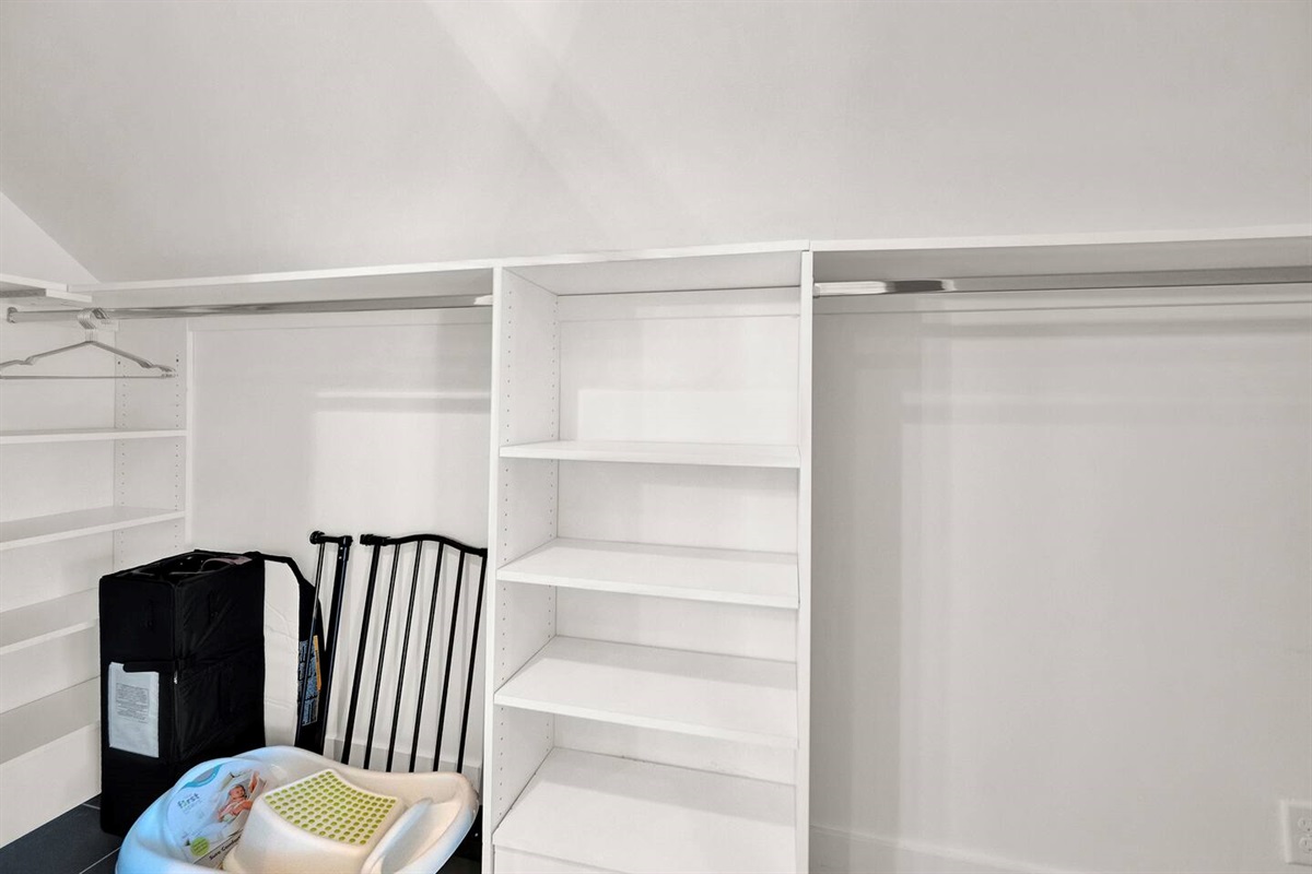Bringing little ones? We've stocked the essentials — from a pack-n-play to a baby gate — all tucked into the spacious primary closet for easy access.
