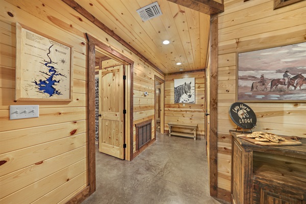 Beautiful wood trim that was harvested locally adorns the cabin.