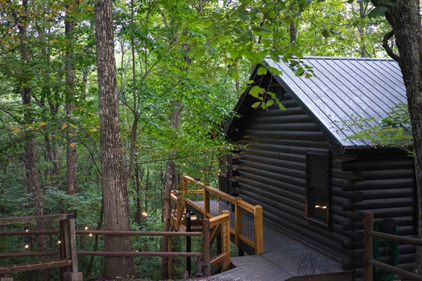 Modern industrial exterior with patio lights