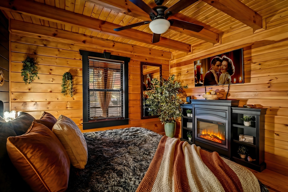 King bed and a private space with warm fireplace, your own cable TV and not a care in the world