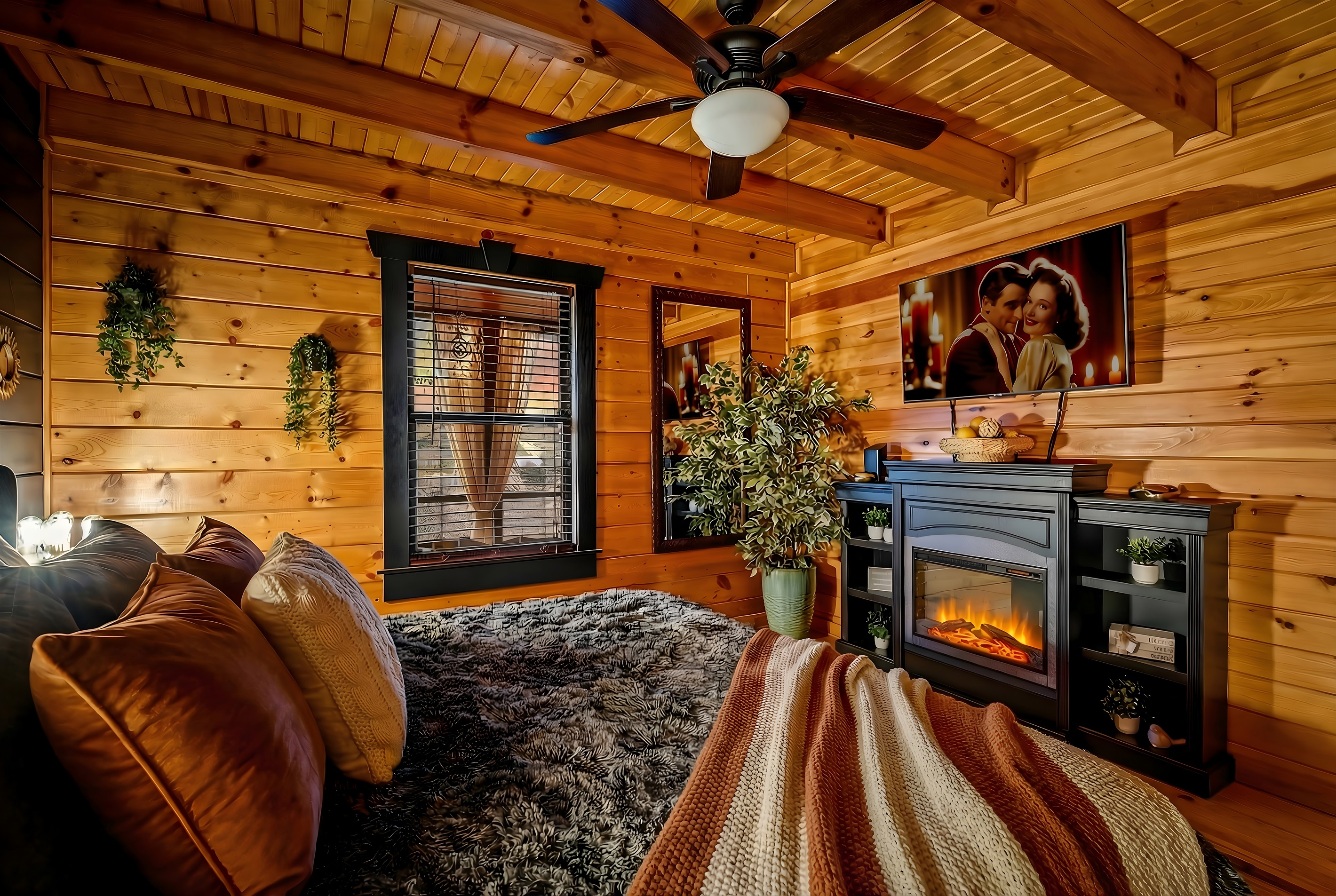 King bed and a private space with warm fireplace, your own cable TV and not a care in the world