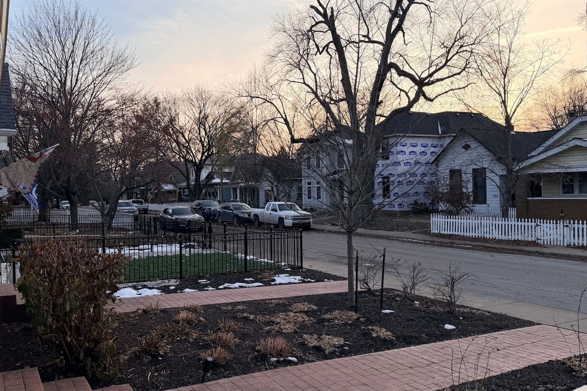 Quiet, tree-lined residential street viewed from the front porch — a calm, walkable Indianapolis neighborhood that feels peaceful while staying close to downtown and local favorites.