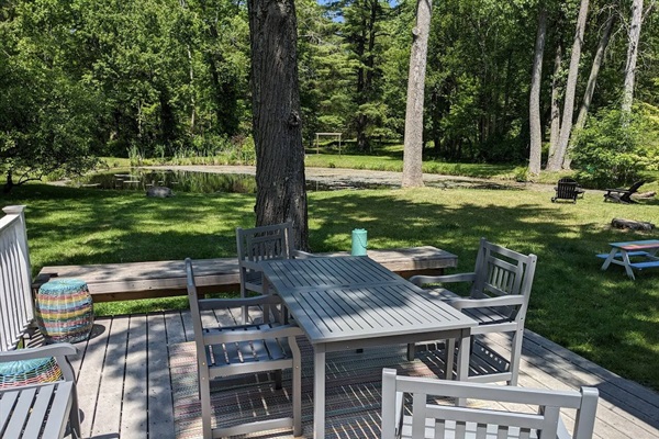 Back deck with pond view.

Enjoy the view with a nice glass of wine, cold beer, hot chocolate or great meal!

Grill available for guest use (not pictured).