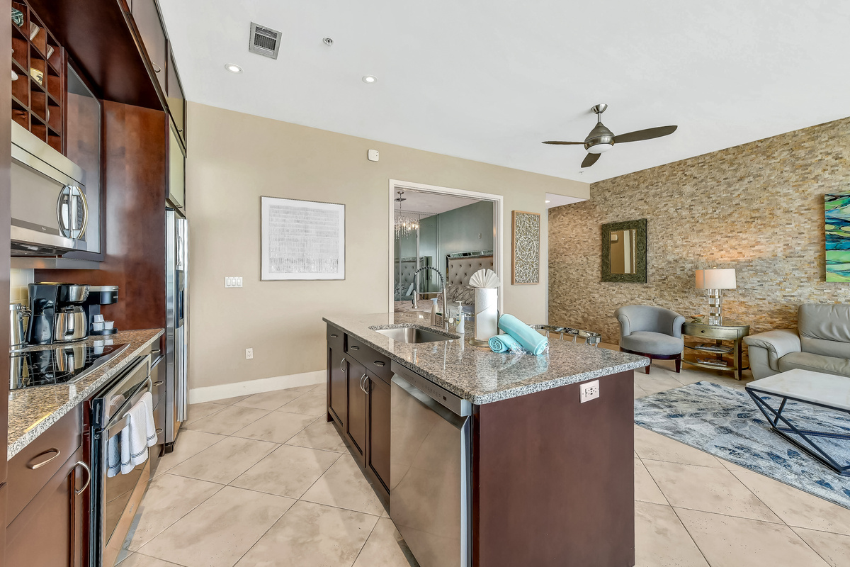 Fully-equipped kitchen with refrigerator, microwave, Keurig, coffee pot, dishwasher, garbage disposal.  Indoor dining!