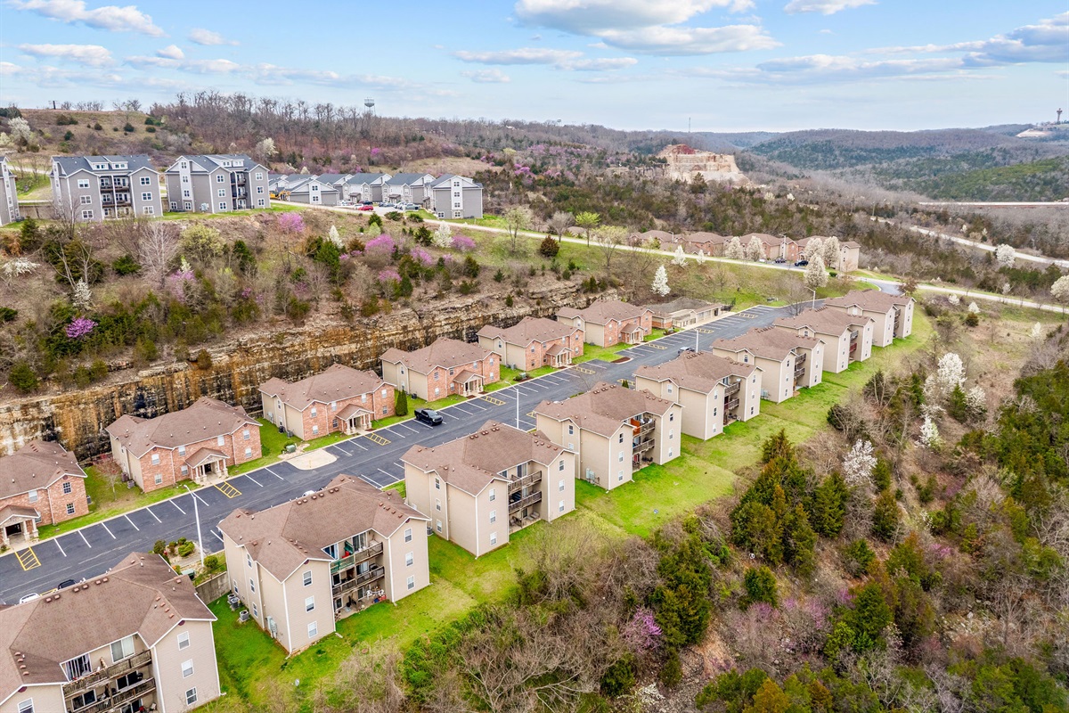 Community aerial view with valley surroundings