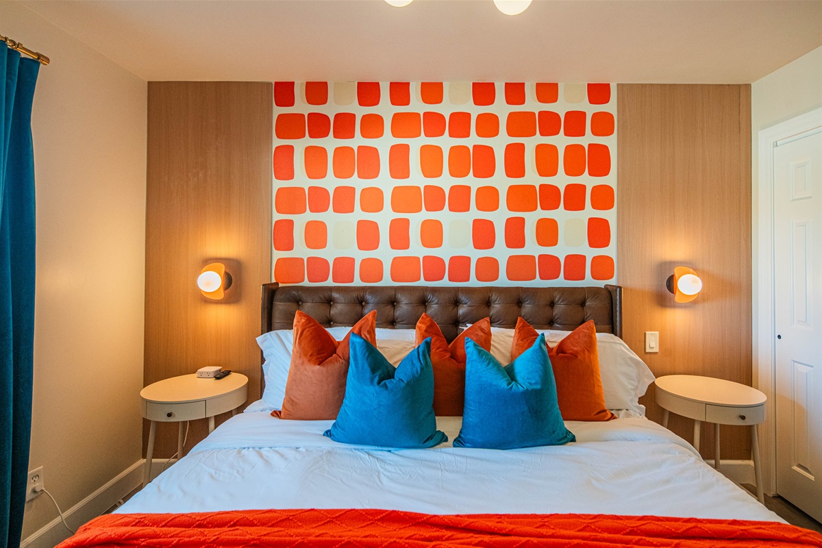 Eye-catching king bedroom featuring designer accents, plush bedding, and a comfortable layout for restful nights after busy Scottsdale days.