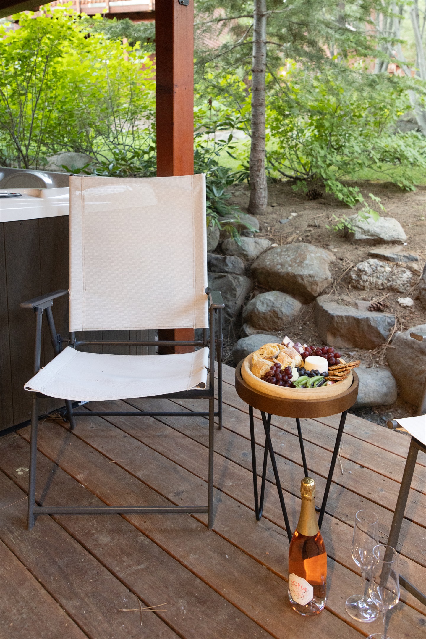 Peaceful back yard area--relax and enjoy the hot tub and private  surroundings.