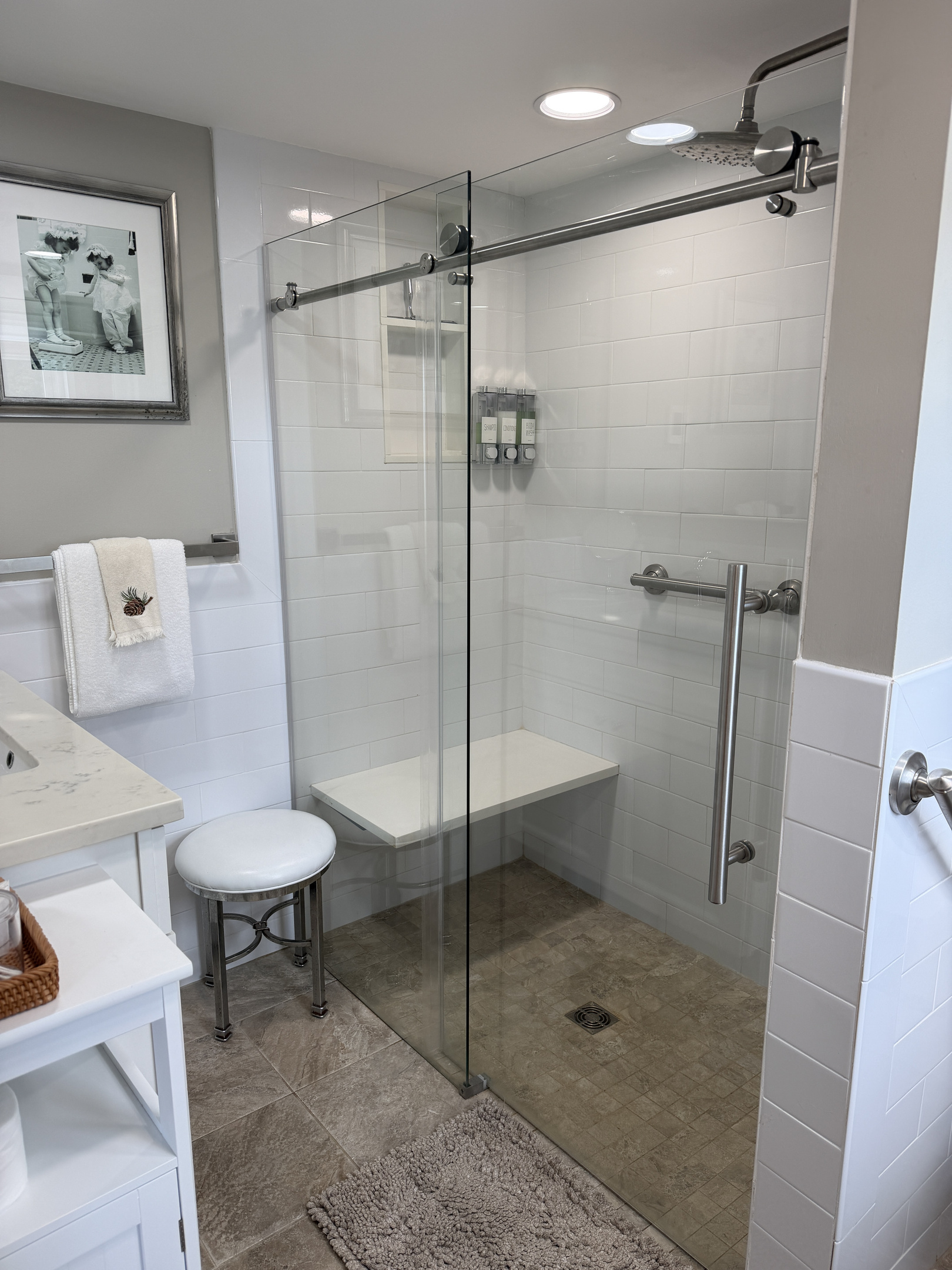 Frame-less glass shower with bench and grab rails