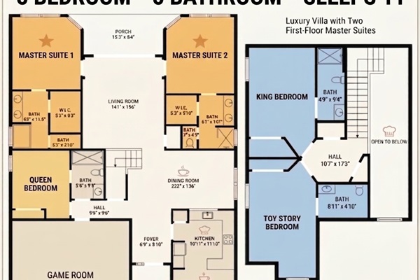 Rare layout with 2 Ground Floor Master Suites—perfect for multi-family stays.