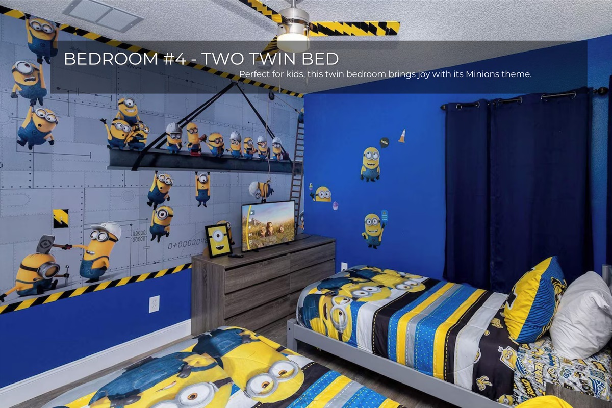 Perfect for kids, Bedroom 4 features twin beds with cheerful Minion décor.