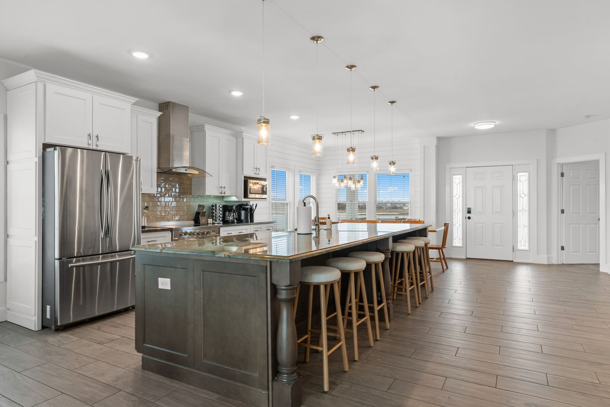 Spacious kitchen with seating for 6 at the island.