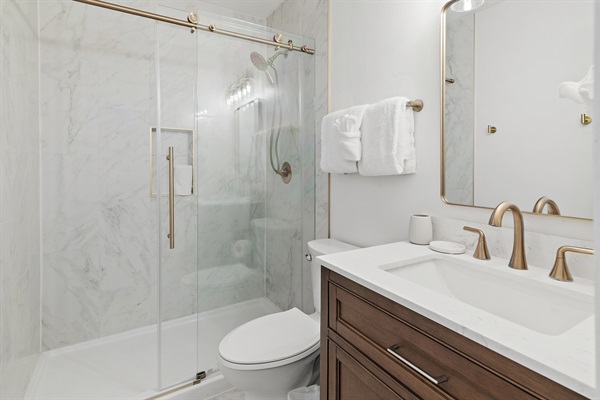 Beautiful brand new en suite bathroom! Custom walk in tile shower, sliding glass door, modern finishes. 
