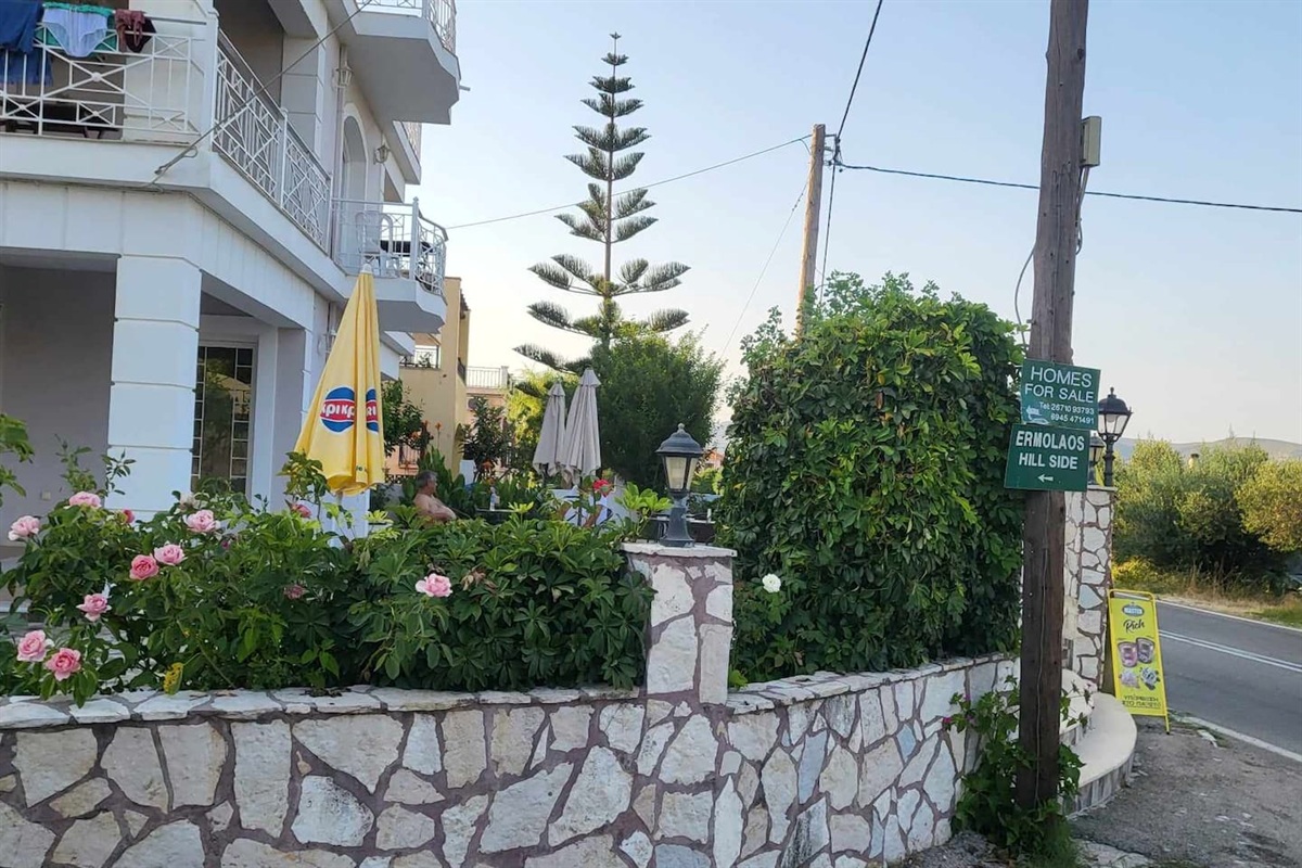 The corner to turn off the main road toward the house.  Cafe Livadi is inside, perfect place for coffee and pastries within walking distance!