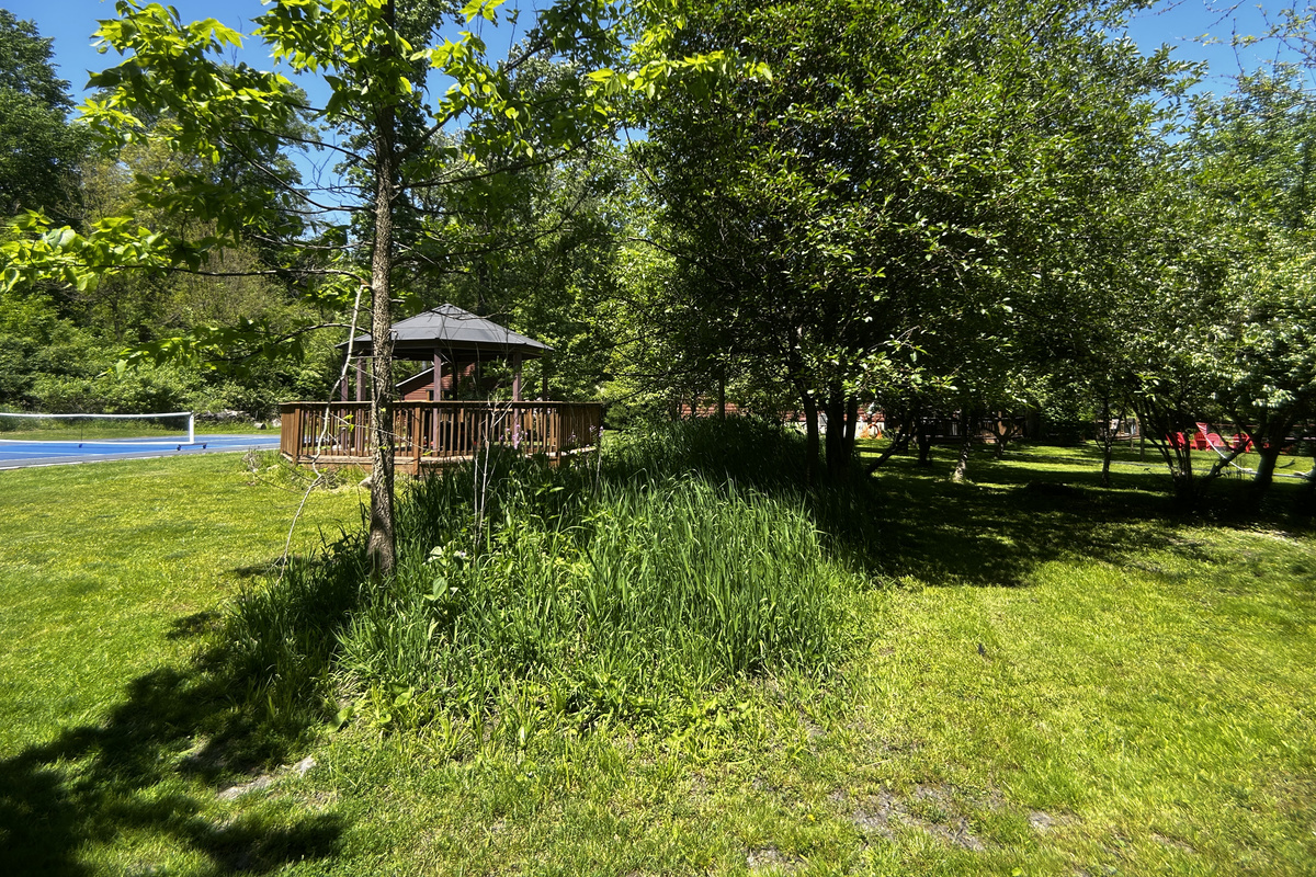 A grassy berm runs through the backyard along the gazebo and provides a little screening.