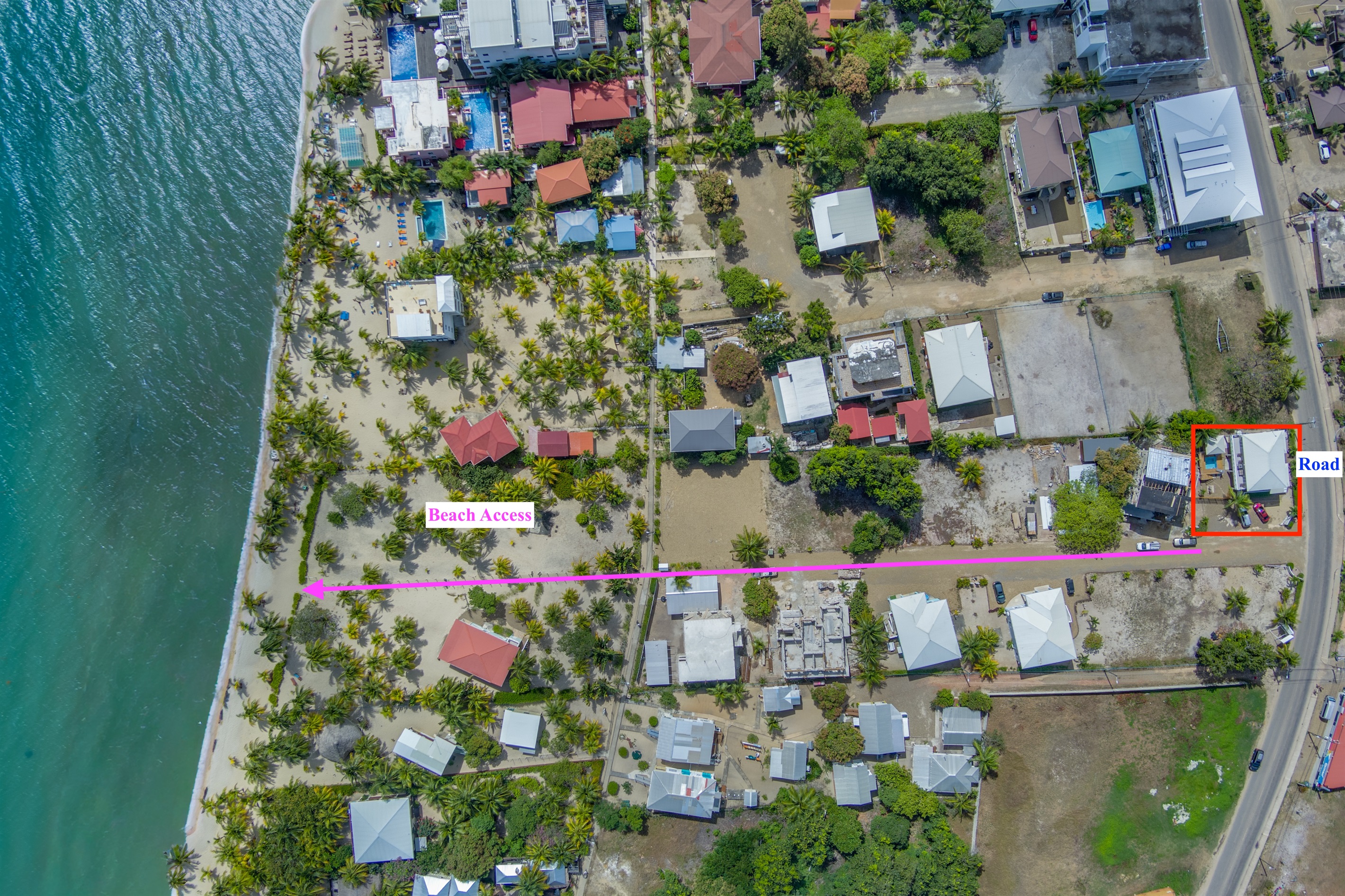 Drone image showing beach access and the proximity to the beach