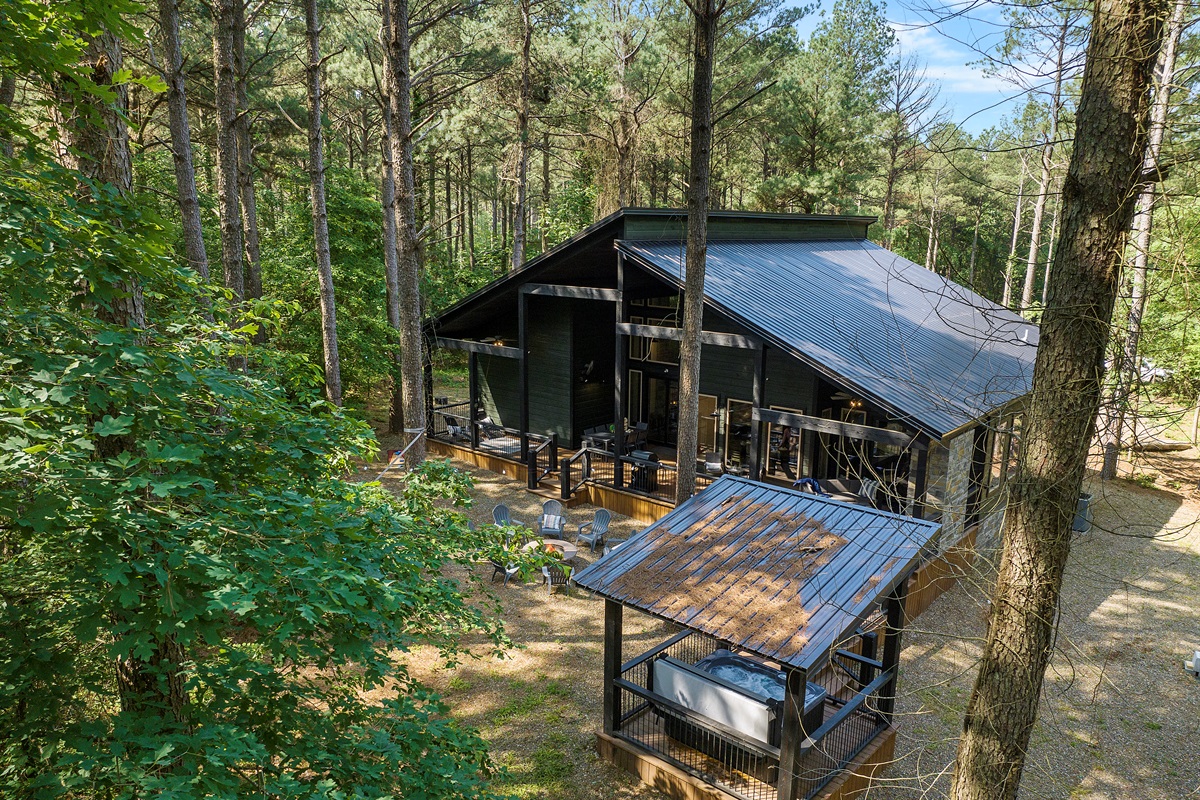 Cabin surrounded by peaceful forest views