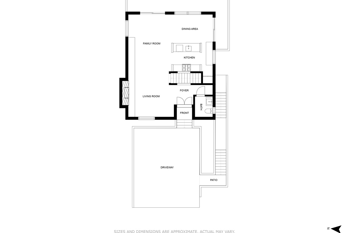 Modern Tree House Cabin floor plan.Upper Level (entry level) with the Family Room, Fireside Lounge, Kitchen, Dining Area, Upper Deck and 1/2 Bathroom.