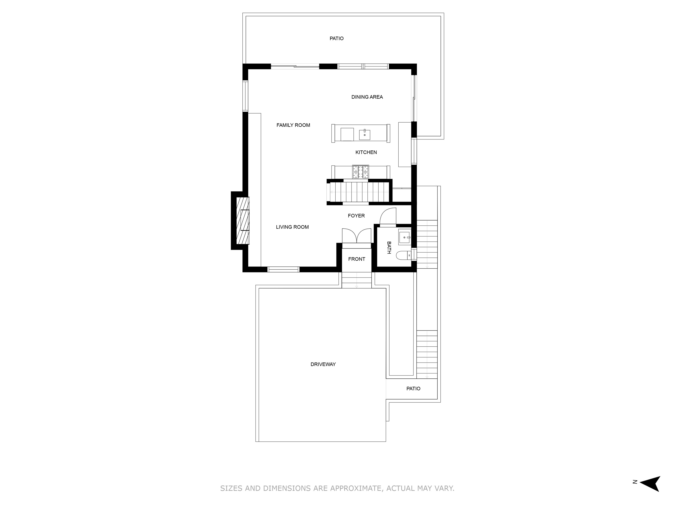 Modern Tree House Cabin floor plan.Upper Level (entry level) with the Family Room, Fireside Lounge, Kitchen, Dining Area, Upper Deck and 1/2 Bathroom.