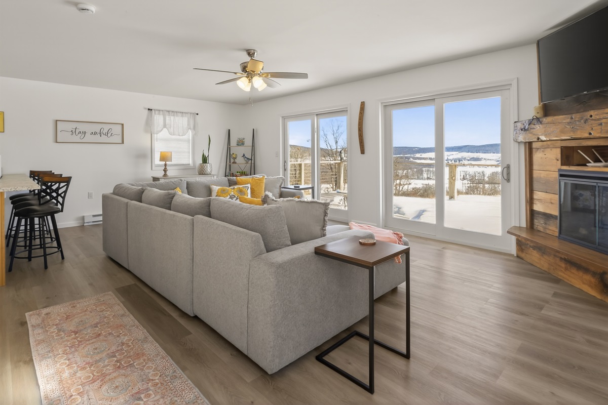 Spacious living room with fold out sofa