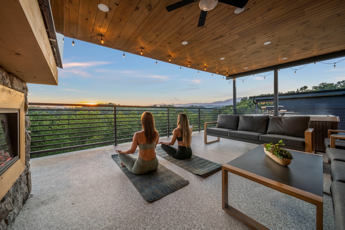 Yoga mat & light weights for morning stretches or meditation above the Smokies.