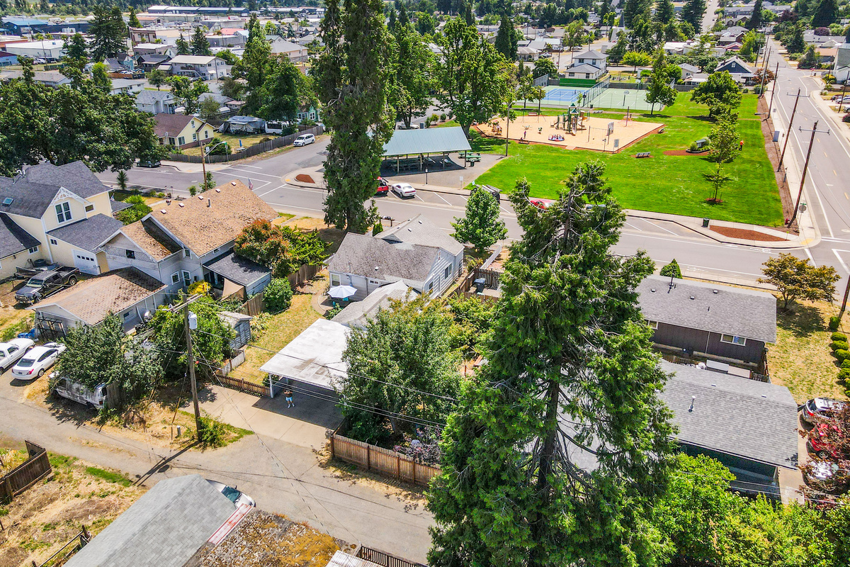 Aerial view of the park and unmetered parking across the street from the home. 