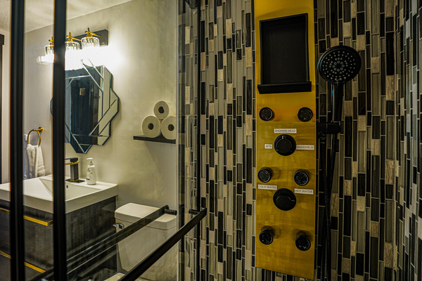 Enjoy a spa-like shower with our shower tower and rain head—Dove skin and hair care products. 