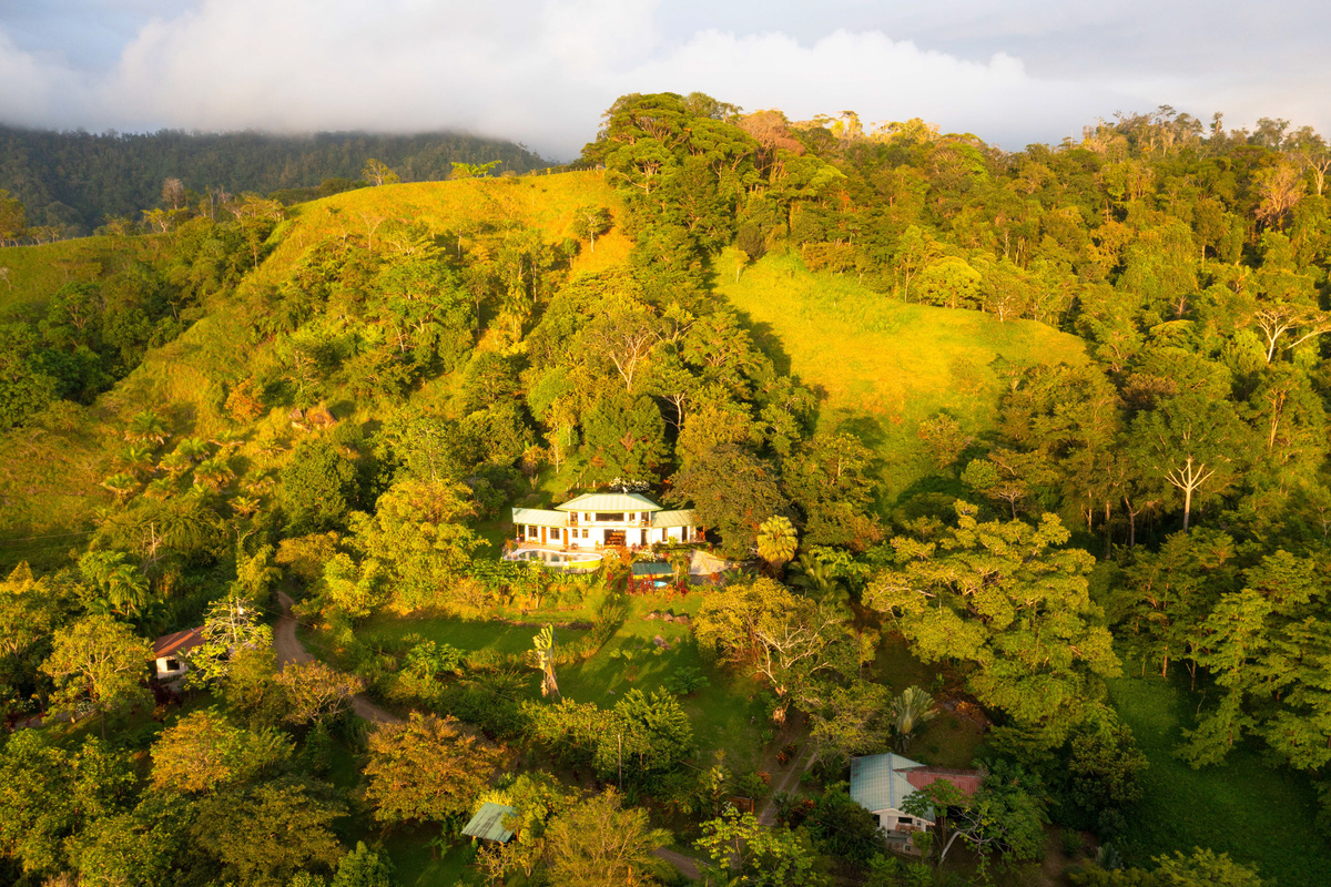 Aerial view of Casa Infinity nestled within the jungle canopy of the Hills of Portalón
