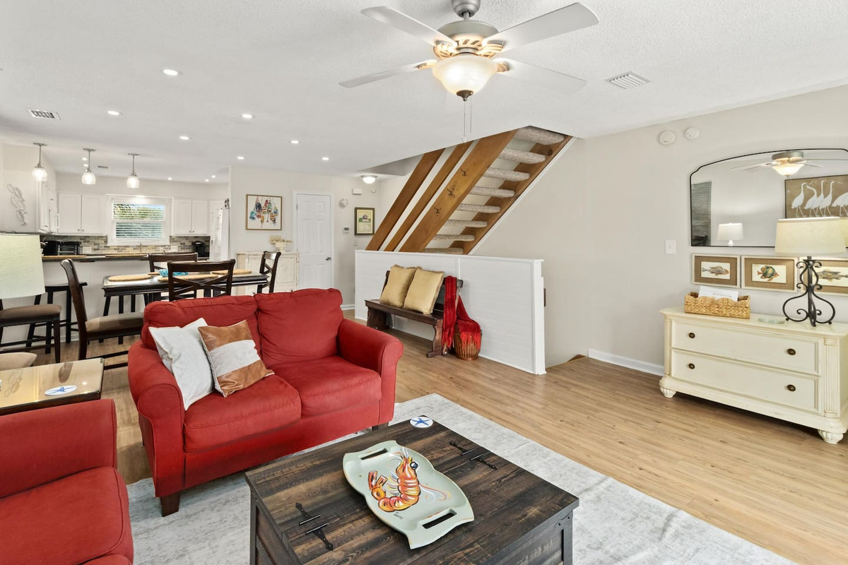 Kick back in the living area after dinner &mdash; there's always room for everyone here.