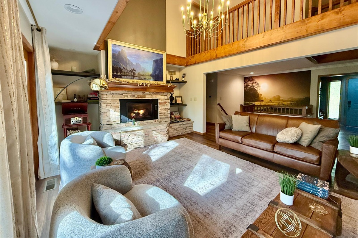 Inviting and cozy living room, mural from local photographer
