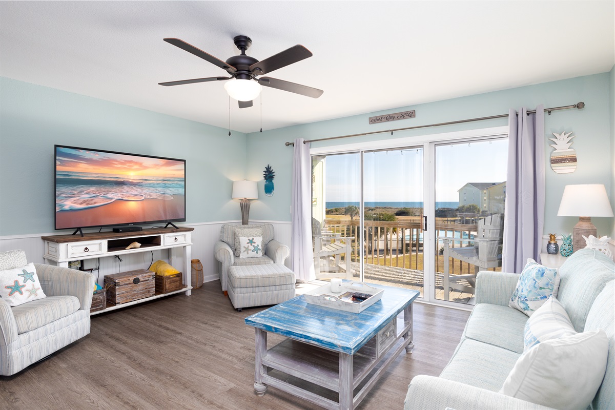 Bright coastal living room with stunning ocean views