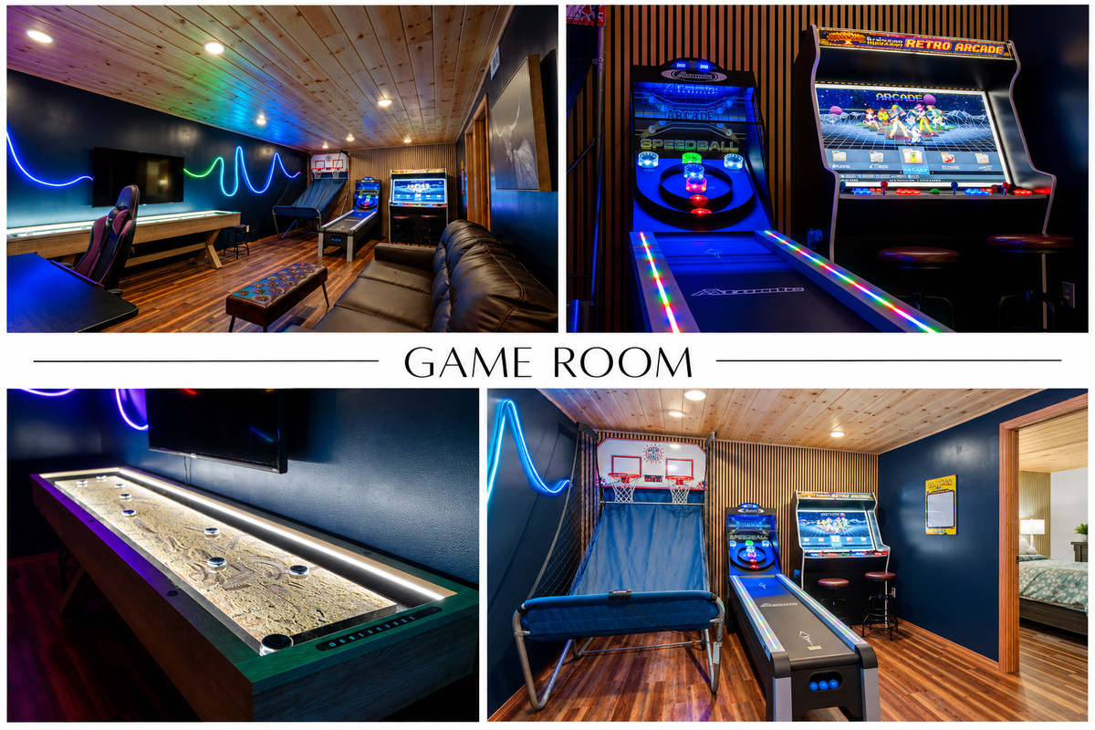 Amazing private game room!  Arcade with 4000+ games, skee ball, sand shufflboard, pop a shot basketball, and a gaming desk with 4k monitor!