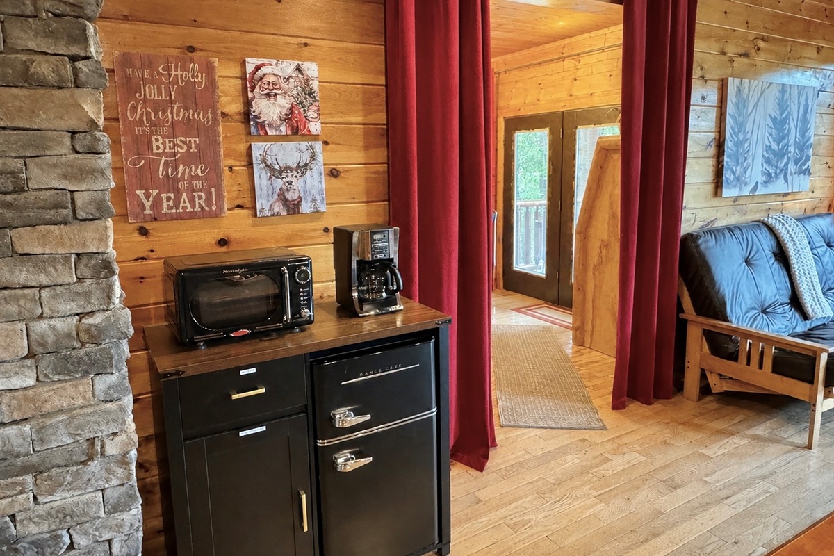 Game Room area, mini fridge and freezer, microwave, and coffee maker.  