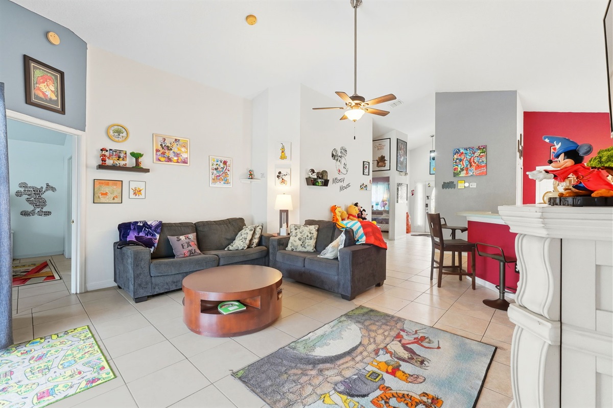 Spacious Living Room with Indoor Fireplace
