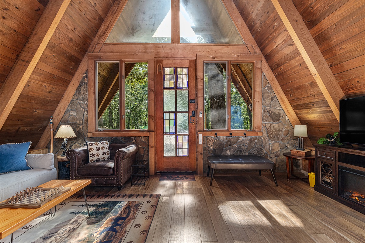 Step into Bearadise A-Frame’s living room via convenient keyless entry.