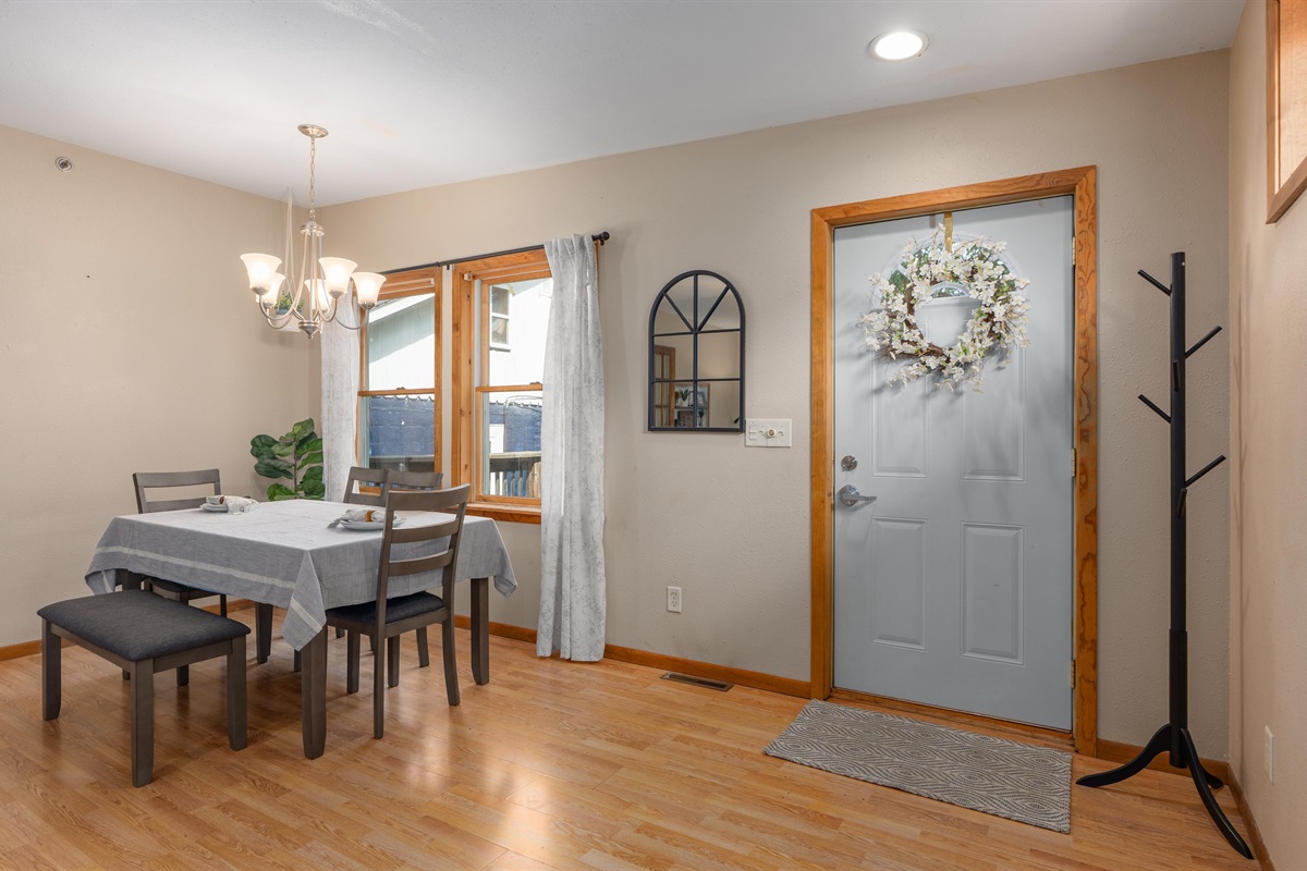 The front door leads out onto the large deck with intermittent views of Lake Pepin.