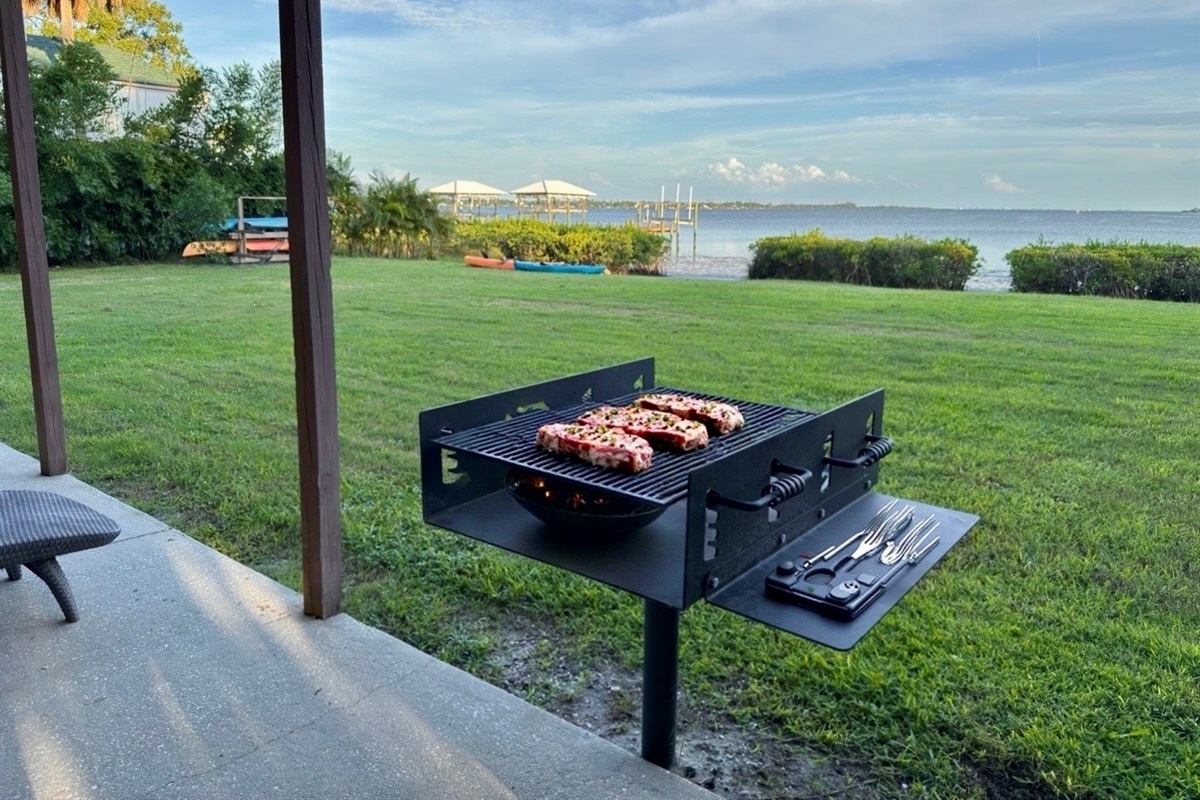 Peaceful grill area for evening cookouts with friends.