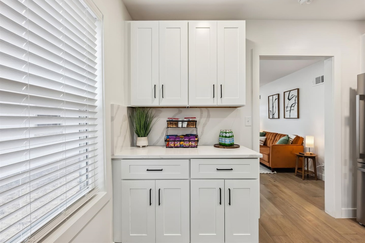 Help yourself to a complimentary snack and some water.