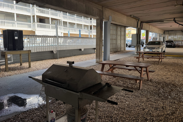 Covered outdoor grilling area with picnic tables